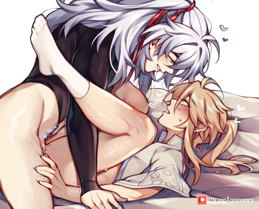 2boys absurdres ahoge akaihimi anal androgynous bed black_shirt blonde_hair blush heart highres honkai:_star_rail honkai_(series) jing_yuan long_hair lying multiple_boys on_back open_mouth ponytail saliva saliva_trail shirt socks white_hair white_shirt white_socks yanqing_(honkai:_star_rail) yaoi yellow_eyes