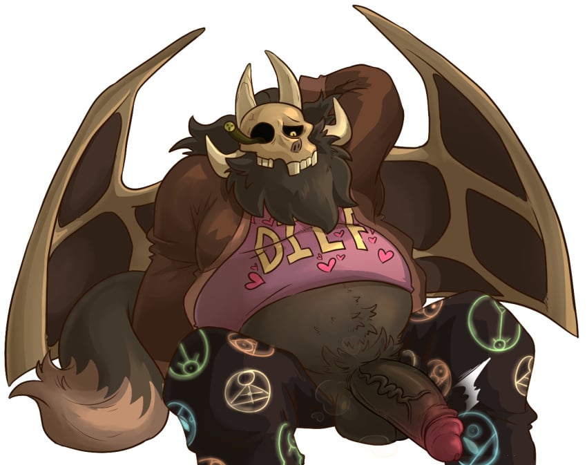 anthro balls beard big_balls big_penis furry hand_behind_head haxsmack horns jacket male male_only open_jacket overweight overweight_anthro overweight_male pants papa_titan_(the_owl_house) penis penis_out shirt sitting skull_head solo solo_male spread_legs straight_hair the_owl_house titan_(the_owl_house) wings