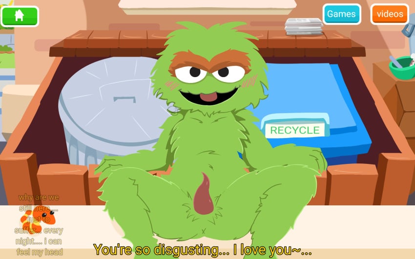 1boy 2023 alternate_version_available animal_genitalia animal_penis anus bad_anatomy black_eyes blush chubby chubby_male eyebrows fake_screenshot furry garbage_can green_fur jembbrowm legs_apart looking_at_viewer male male_focus meme no_outlines old_man older_male open_mouth oscar_the_grouch outside penis sesame_street shitpost shortstack sit sitting slimey_(sesame_street) smile smiling spread_legs text trash_can worm