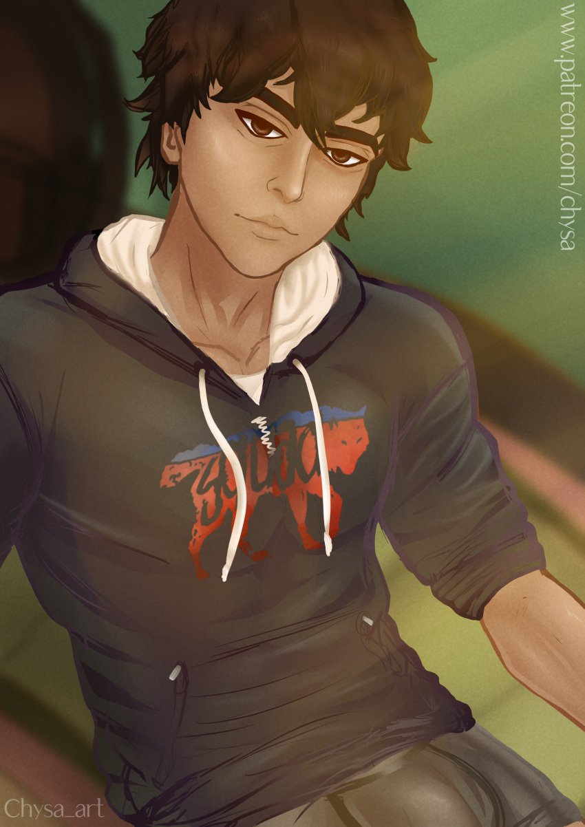 brown_eyes brown_hair chysa_art clothed clothed_male life_is_strange life_is_strange_2 male male_only muscles sean_diaz smile solo_male sweat sweatshirt tan_body tan_skin