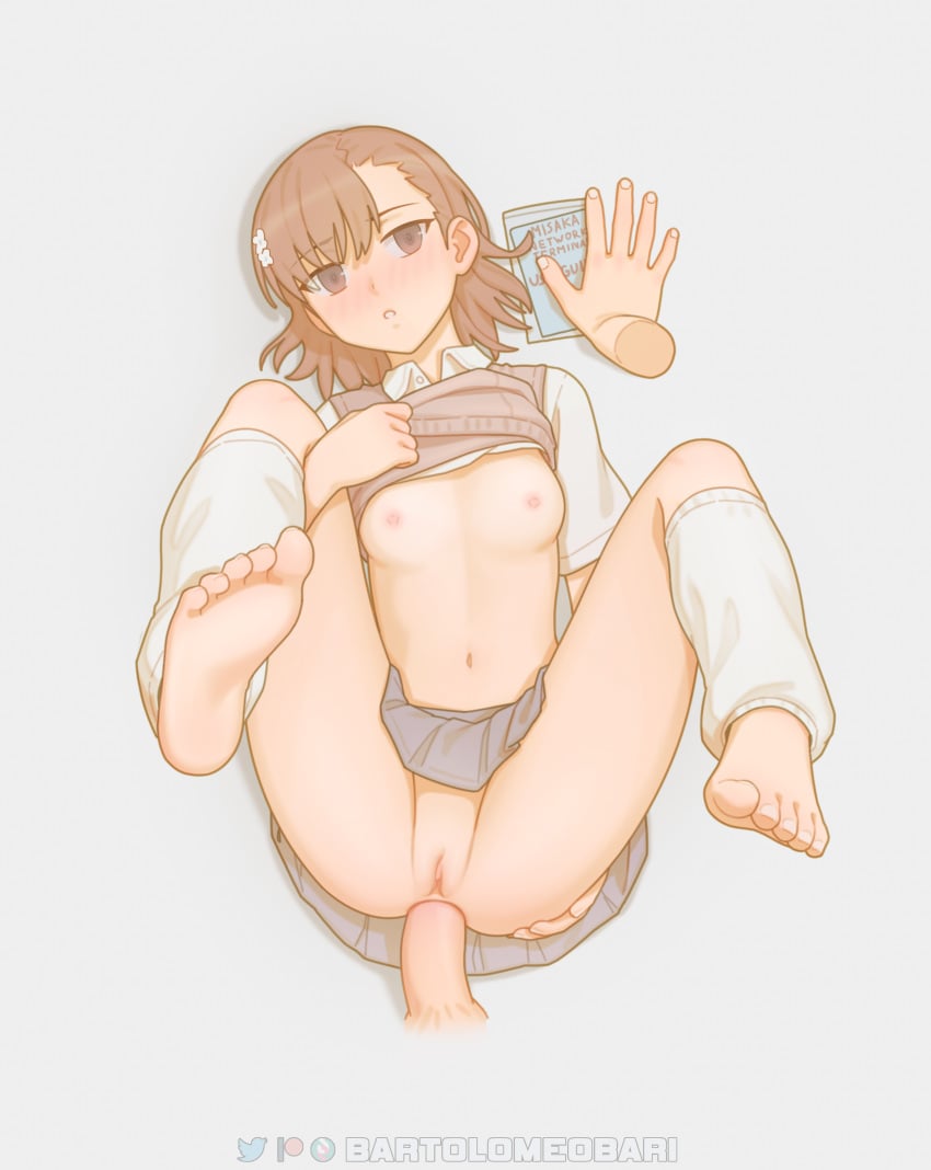 1boy 1girls 2020s 2023 absurd_res anal anus areolae artist_name bare_thighs barefoot bartolomeobari blush breasts breasts_out brown_eyes brown_hair clitoris clone erection faceless_male feet female female_focus first_person_view full_body grey_background hair_flower hair_ornament hi_res leg_warmers looking_at_viewer male male/female male_pov matching_hair/eyes midriff miniskirt misaka_imouto missionary_position navel nipples no_bra no_panties no_underwear on_back open_mouth penis point_of_view pov pussy school_uniform schoolgirl sex shirt shirt_lift short_hair skirt small_breasts soles spread_legs teenage_girl teenager teeth thighs to_aru_kagaku_no_railgun to_aru_majutsu_no_index toes tokiwadai_school_uniform uncensored young