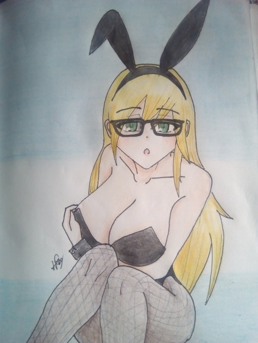 1girls bare_shoulders blonde_hair bunny_ears bunnysuit el_diario_de_jonathan female fishnet_pantyhose fishnets glasses green_eyes haikon_knight kelly_(eddj) long_hair pantyhose solo solo_female