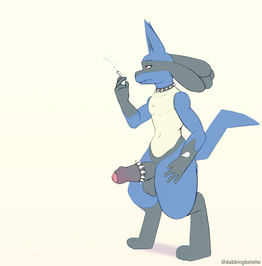 2023 absurd_res accessory anthro balls big_balls big_penis biped black_body black_fur blue_body blue_fur cigarette cock_ring collar dabelette erection foreskin front_view fur generation_4_pokemon genitals hi_res humanoid_genitalia humanoid_penis jewelry looking_away lucario male multitoned_fur nintendo nude partially_retracted_foreskin penis penis_accessory penis_jewelry pokemon pokemon_(species) red_eyes simple_background smoking smoking_cigarette solo solo_male spiked_cock_ring spiked_collar spikes standing tan_body tan_fur yellow_background