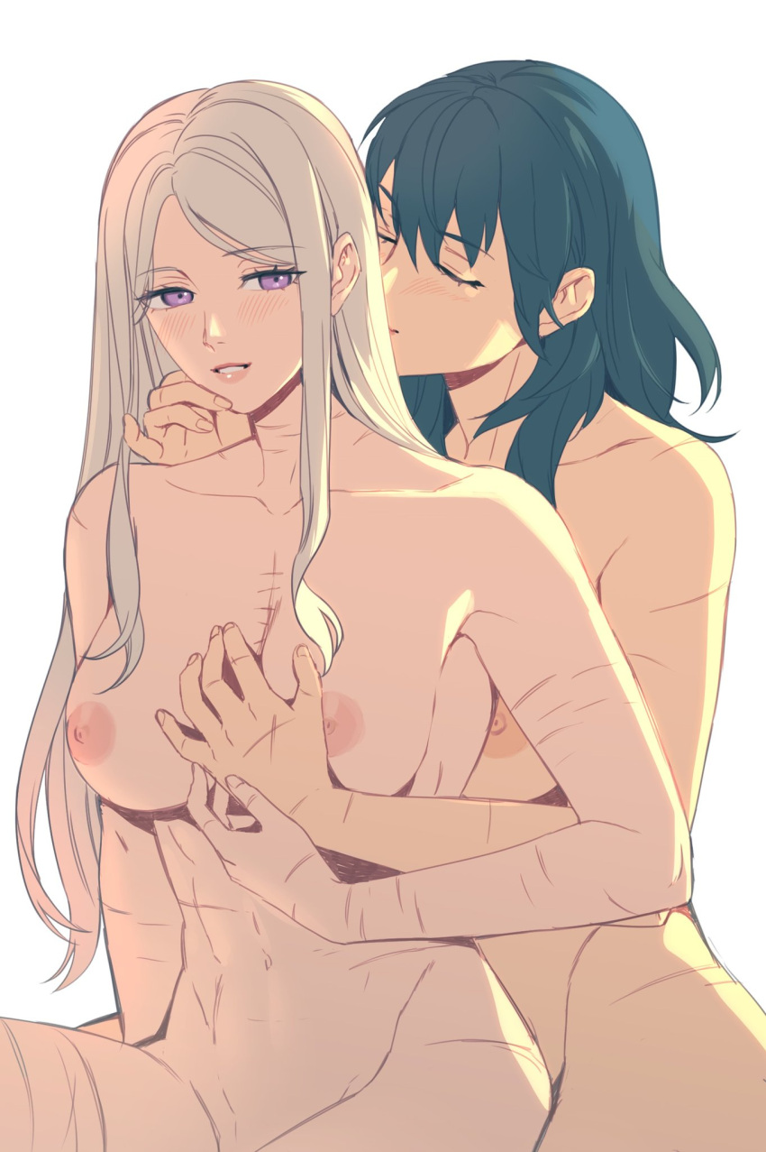 2girls blonde_hair blue_hair blush breasts byleth_(fire_emblem) byleth_(fire_emblem)_(female) closed_eyes collarbone commentary completely_nude cowboy_shot edelgard_von_hresvelg english_commentary female female_only fire_emblem fire_emblem:_three_houses from_side hand_on_another's_chest hand_on_another's_chin hand_on_another's_face highres hug hug_from_behind light_blush long_hair looking_back medium_hair multiple_girls muscular_female navel nintendo nipples nude parted_lips post-timeskip purple_eyes radiostarkiller romantic romantic_couple scar scar_on_arm scar_on_chest scar_on_hand scar_on_stomach sidelocks simple_background smile straight_hair swept_bangs teal_hair toned too_many_scars white_background white_hair wholesome yuri