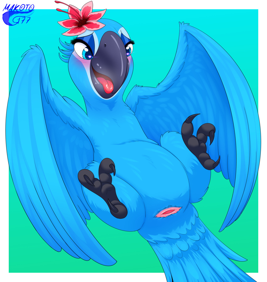 animal_genitalia avian beak bird blue_body blue_feathers blue_macaw blue_sky_studios blush cloaca digital_media_(artwork) feathers female feral flower genitals hi_res jewel_(rio) makoto177 open_mouth plant rio_(series) simple_background smile solo wings