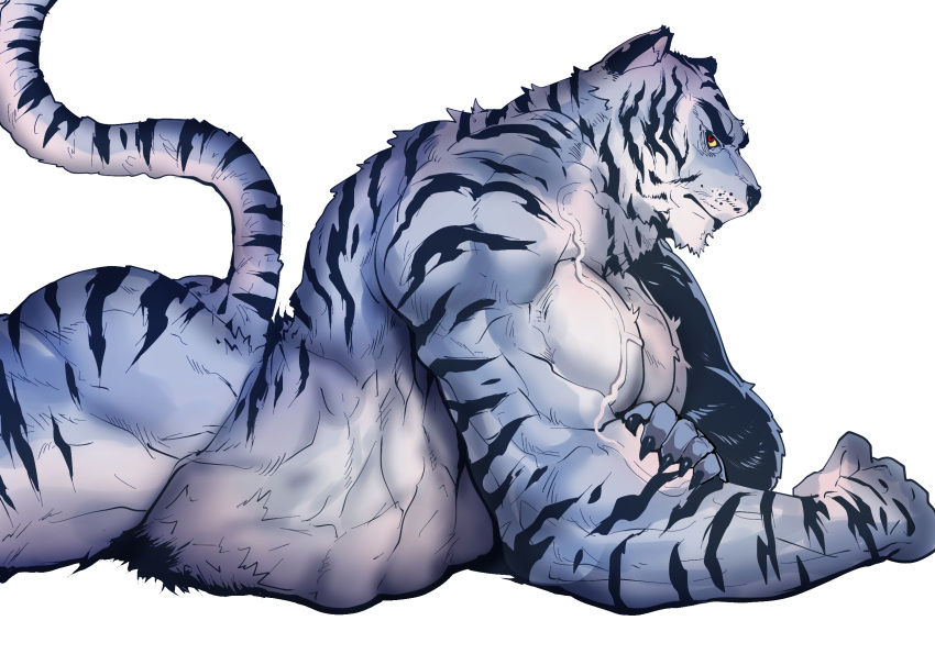 2022 anthro biceps blue_body blue_fur blue_stripes body_hair claws crossed_arms ears_up felid fur happy_trail hi_res lying male male/male male_only mammal muscular muscular_anthro muscular_male nude on_front on_ground pantherine pecs rybiok solo stripes tiger triceps