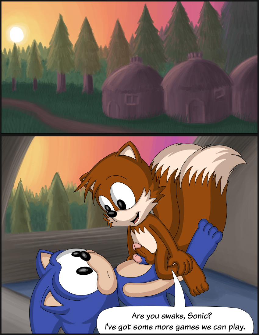 absurd_res anthro archie_comics bed canid canine comic duo eulipotyphlan fox furniture genitals hedgehog hi_res male male/male mammal omatic on_top penis sega sonic_(series) sonic_the_hedgehog sonic_the_hedgehog_(archie) sonic_the_hedgehog_(comics) sonic_the_hedgehog_(series) sunrise tails tails_the_fox whoreomatic yaoi young