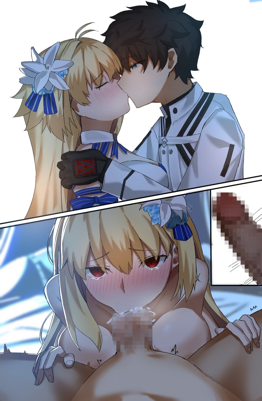 1boy 1girls absurdres ahoge archetype_earth arcueid_brunestud black_hair blonde_hair blush breasts censored couple cum fate/grand_order fate_(series) fellatio female fujimaru_ritsuka_(male) fujimaru_ritsuka_(male)_(decisive_battle_chaldea_uniform) highres husband_and_wife instant_loss_2koma kissing light-skinned_female light-skinned_male light_skin male_pov mosaic_censoring musi_2nd oral penis pov red_eyes tsukihime type-moon