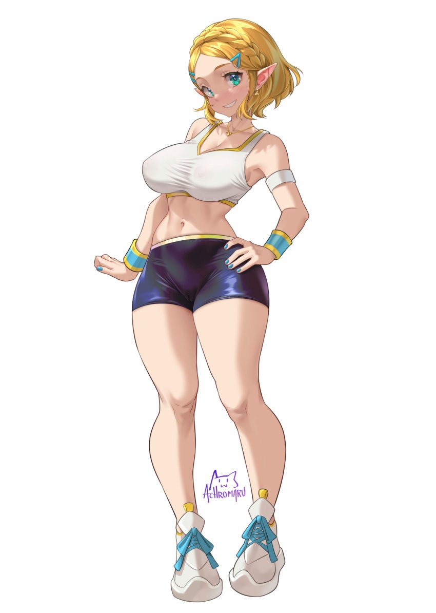 1girls achromaru artist_signature blonde_hair booty_shorts breasts female green_eyes hand_on_hip huge_breasts midriff nintendo pointy_ears princess_zelda short_hair short_shorts shorts simple_background smile sneakers sports_bra sportswear tears_of_the_kingdom the_legend_of_zelda thighs zelda_(tears_of_the_kingdom)