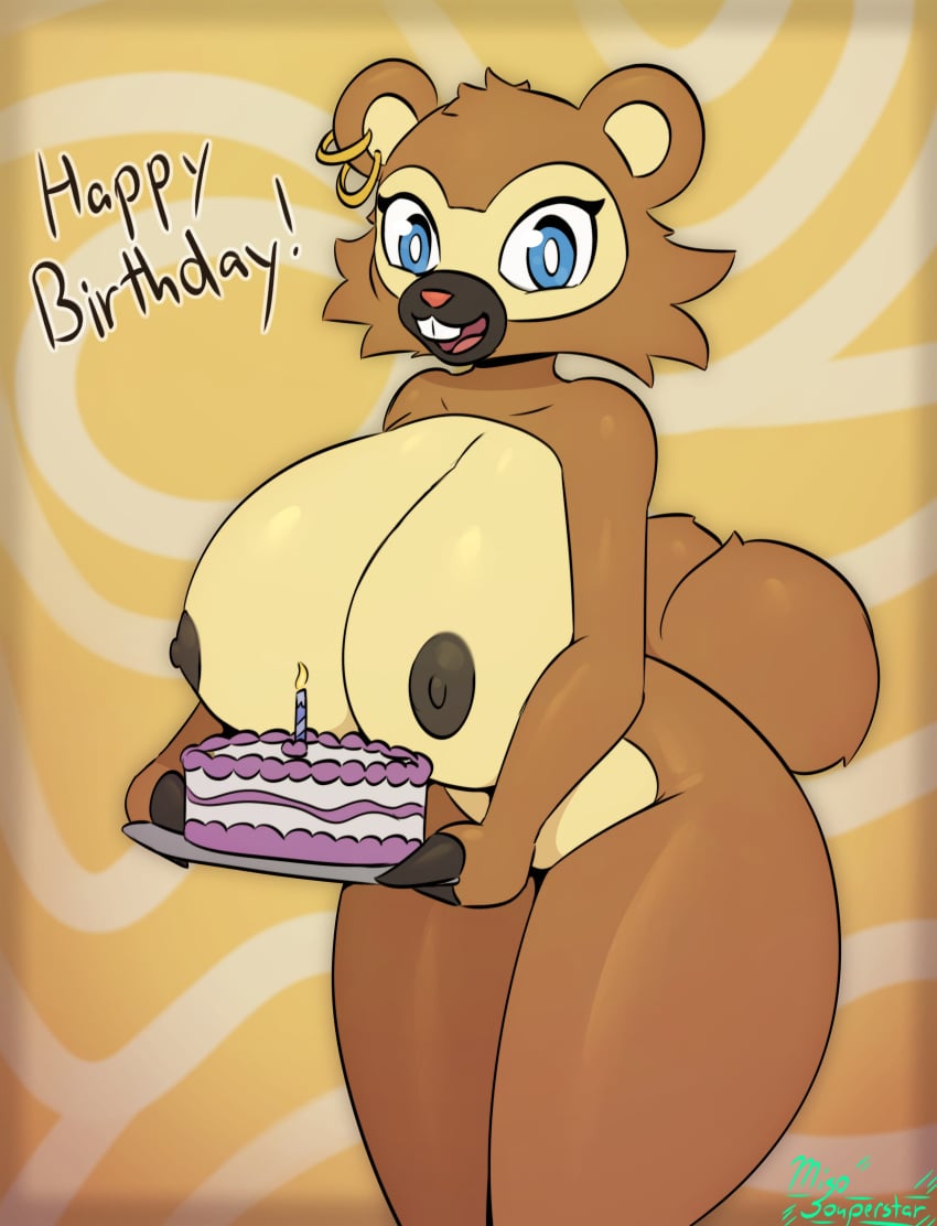 1girls 2023 absurd_res anthro bidoof big_breasts breasts cake chloe_(luxury_furart) dialogue english_text female female_focus female_only happy_birthday hi_res holding_food looking_at_viewer miso_souperstar nintendo nipples pokémon solo text thick_thighs thighs