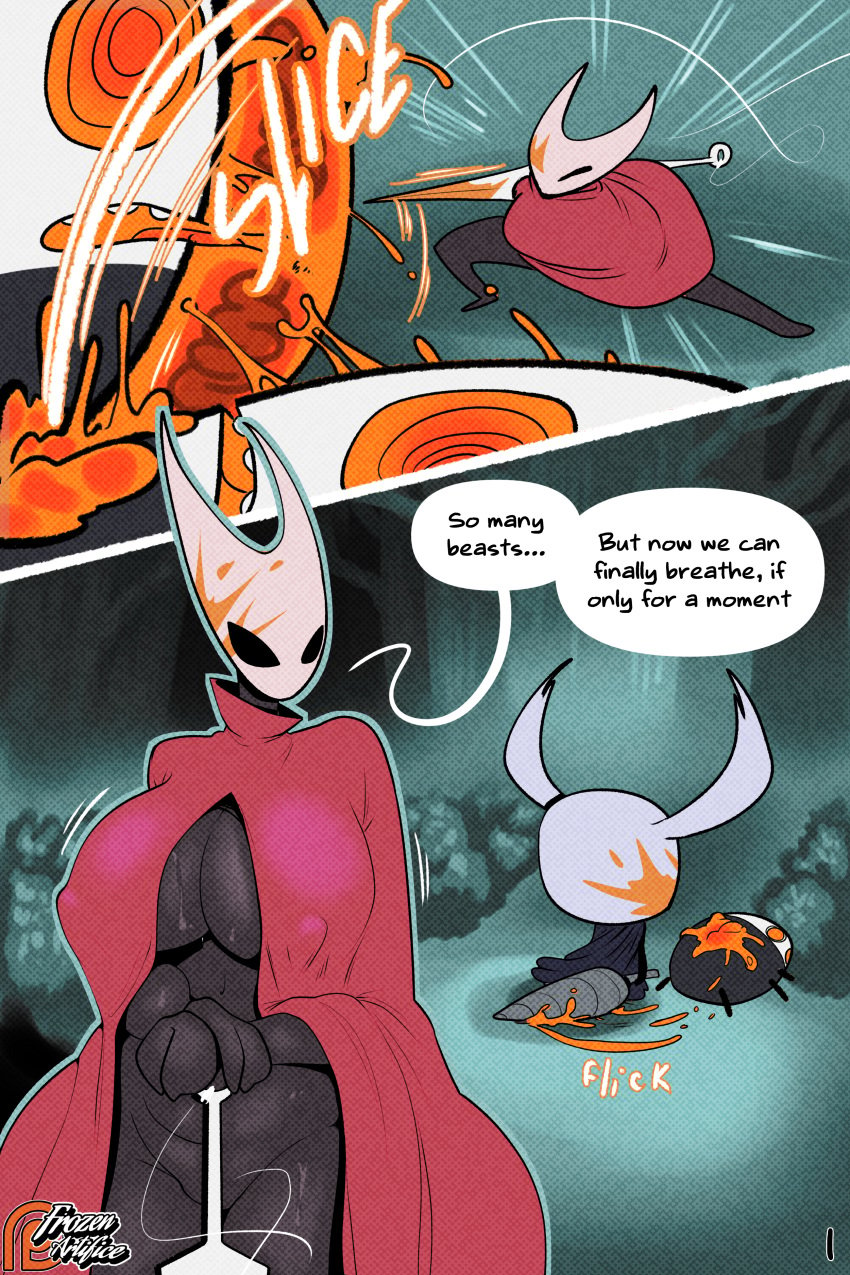 2023 absurd_res arthropod ass battle big_breasts big_butt black_body blood bodily_fluids breasts cape casual clothing comic cover cover_art cover_page dark_body dark_skin dialogue digital_media_(artwork) english_text female fighting_pose frozenartifice headgear hi_res hollow_knight horn hornet_(hollow_knight) huge_breasts hyper hyper_breasts insects male mask melee_weapon nipples nude outerwear pose protagonist_(hollow_knight) size_difference speech_bubble team_cherry text thick_thighs unusual_blood unusual_bodily_fluids vessel_(species) weapon wide_hips