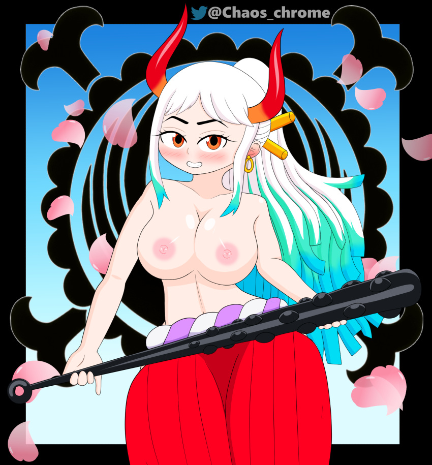 1girls big_breasts chaoschrome club_(weapon) earrings female female_only horns multicolored_hair one_piece ponytail smile topless white_hair yamato_(one_piece)