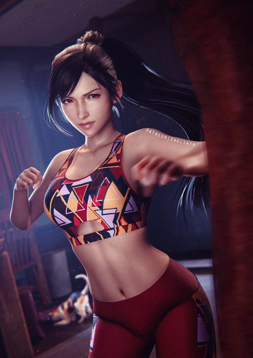 1girls 3d big_breasts black_hair busty fighting_stance final_fantasy final_fantasy_vii hi_res large_breasts legs long_hair midriff navel pants red_eye smooth_skin solo sports_bra sportswear square_enix sreliata_(artist) sweat thighs tifa_lockhart voluptuous