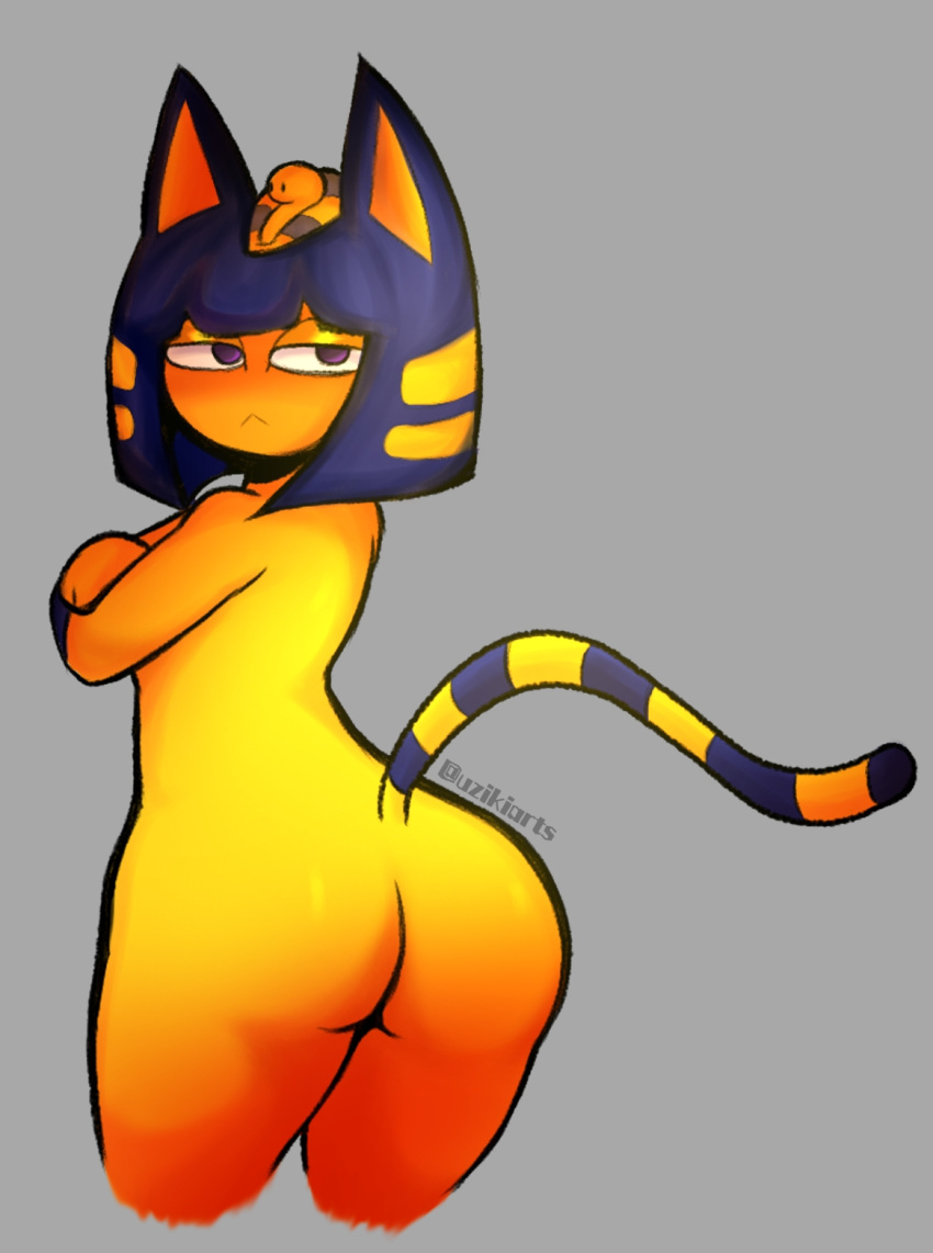 :< animal_crossing ankha anthro ass big_ass cat_ears cat_tail catgirl felid feline felis female furry headwear looking_at_viewer looking_back nintendo nude solo tail uziki yellow_fur