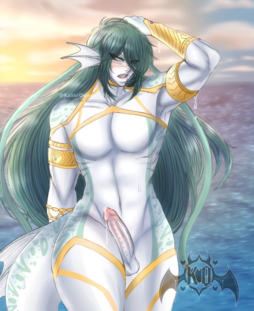 1boy aquatic armwear balls bara beach big_thighs bracelets curvy curvy_body curvy_figure curvy_hips curvy_male erection fins fish gold_(metal) hips kxllerqween long_hair male male_only marine muscular pecs penis precum precum_drip presenting seductive tail thick_thighs thighhighs wide_hips