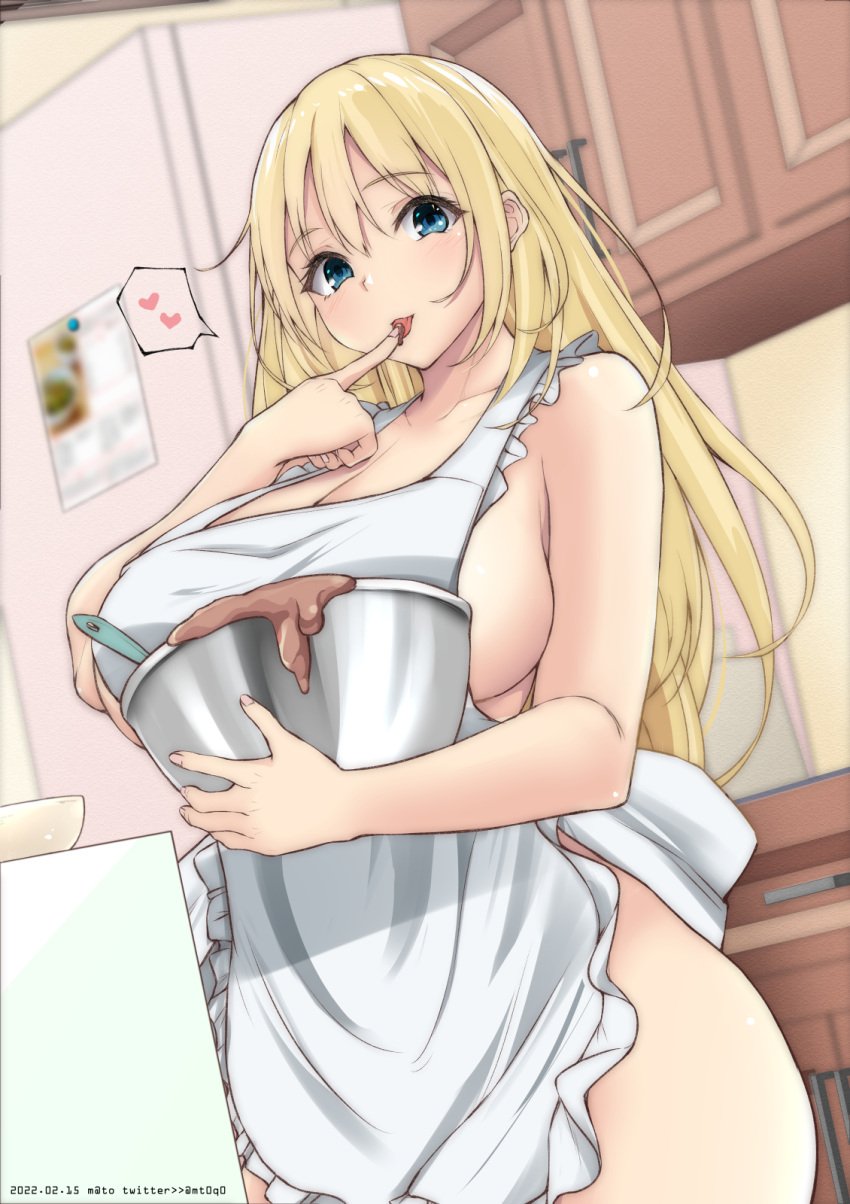 1girls alternate_costume apron atago_(kantai_collection) blonde_hair bowl breasts collarbone cowboy_shot female finger_to_mouth green_eyes heart highres holding holding_bowl huge_breasts indoors kantai_collection kitchen licking licking_finger light-skinned_female light_skin long_hair mature_female naked_apron refrigerator solo speech_bubble spoken_heart standing timato white_apron