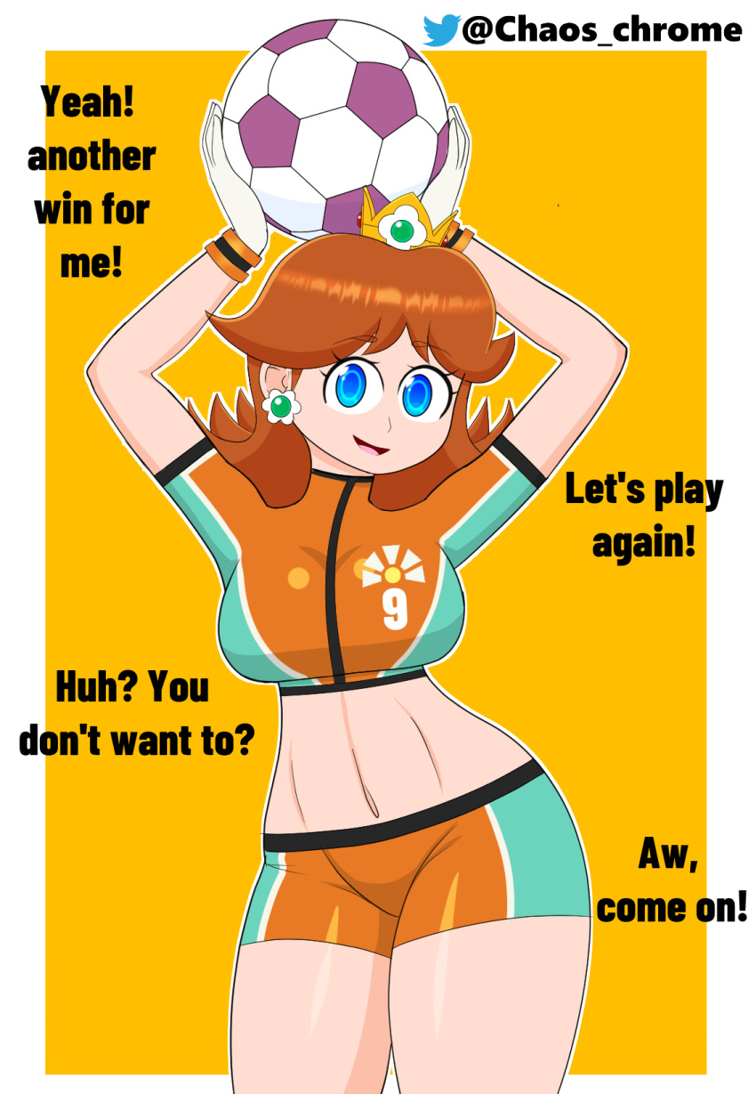 1girls big_breasts blue_eyes brown_hair chaoschrome crown gloves mario_(series) mario_strikers nintendo open_mouth princess_daisy shirt short_hair shorts soccer_ball soccer_uniform