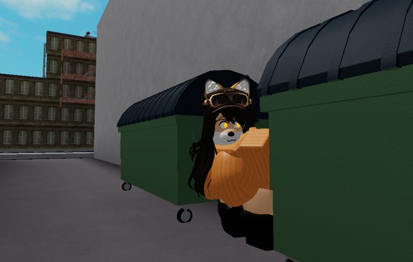 1girls 3d alleyway artist_request fox_ears fox_girl furry garbage_bin orange_eyes roblox roblox_avatar robloxian source_request tagme