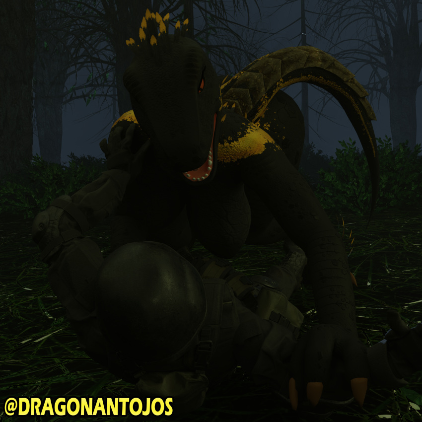 absurd_res anthro black_body blender_(software) breasts claws clothing detailed_background dinosaur dominant dragonantojos duo female forest furromantic hi_res humanoid indoraptor indoraptor_(jurassic_world:fallen_kingdom) jurassic_park jurassic_world male male/female military_uniform night orange_eyes plant reptile scalie toe_claws tree uniform universal_studios yellow_body