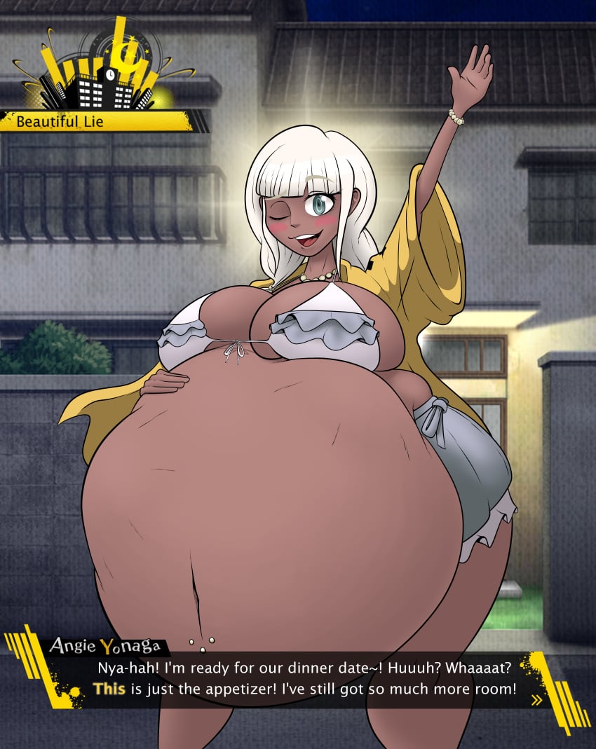 alternate_breast_size bbw big_belly big_breasts bikini_top blush bracelet chubby cleavage danganronpa danganronpa_v3 dark_skin english_text green_eyes implied_vore looking_at_viewer lordofgee pov same_size_vore short_hair sideboob soft_vore squished_breasts ssbbw stomach_bulge tagme tanned_skin thick_thighs topmostzozzle vore vore_belly weight_gain white_hair wide_hips yonaga_angie