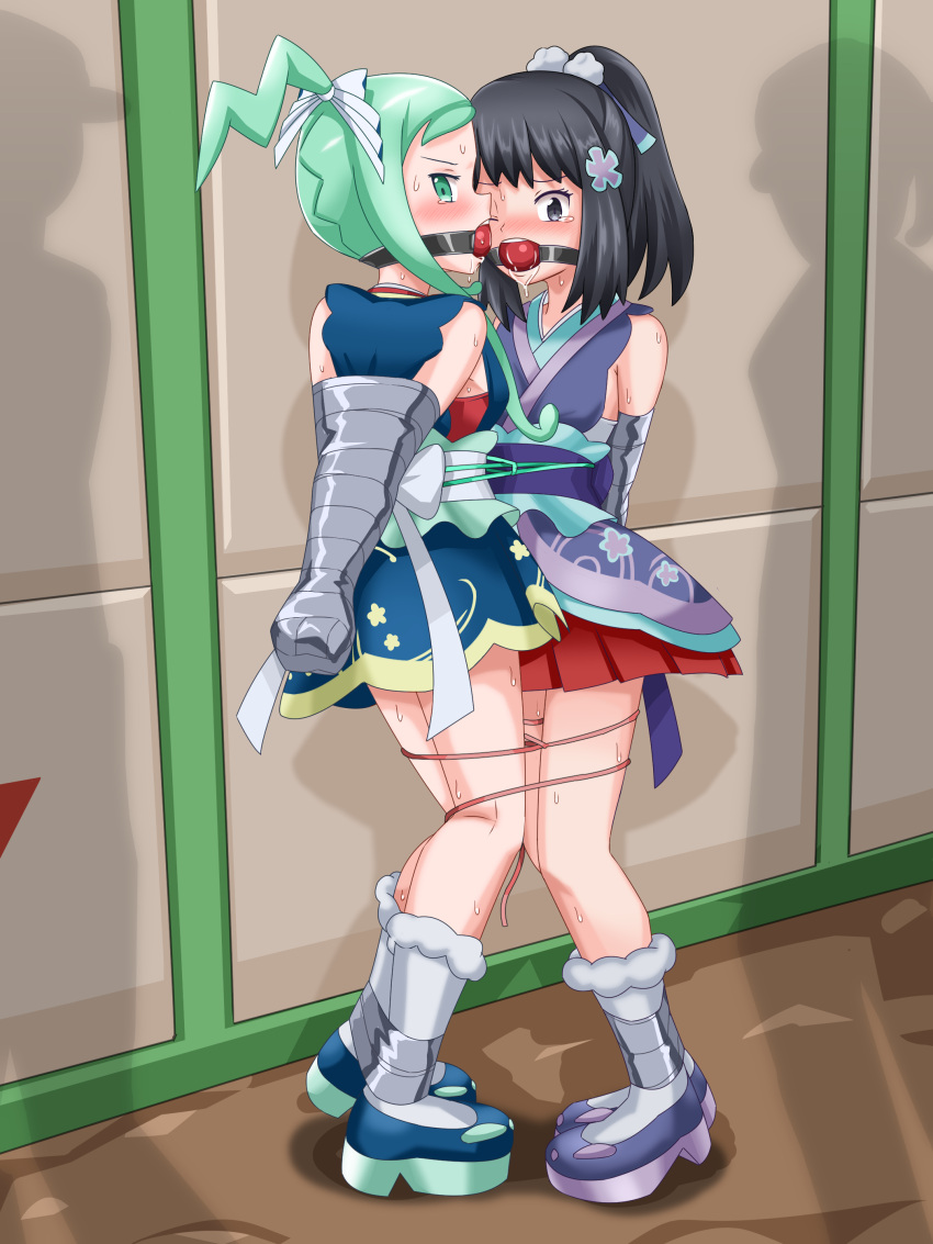 2girls arms_behind_back ball_gag black_eyes black_hair blush bondage boots bound_ankles bound_arms bound_together bow dawn_(new_years_2023)_(pokemon_masters) dawn_(pokemon) drool female female_only femsub flower_hair_ornament gag green_eyes green_hair hair_ornament heels kimono lisia_(new_years_2023)_(pokemon_masters) lisia_(pokemon) multiple_girls multiple_subs pokemon pokemon_dppt pokemon_masters pokemon_masters_ex pokemon_oras ponytail red_ball_gag sanku shadow shadowy_figure skirt tape_bondage tears wince