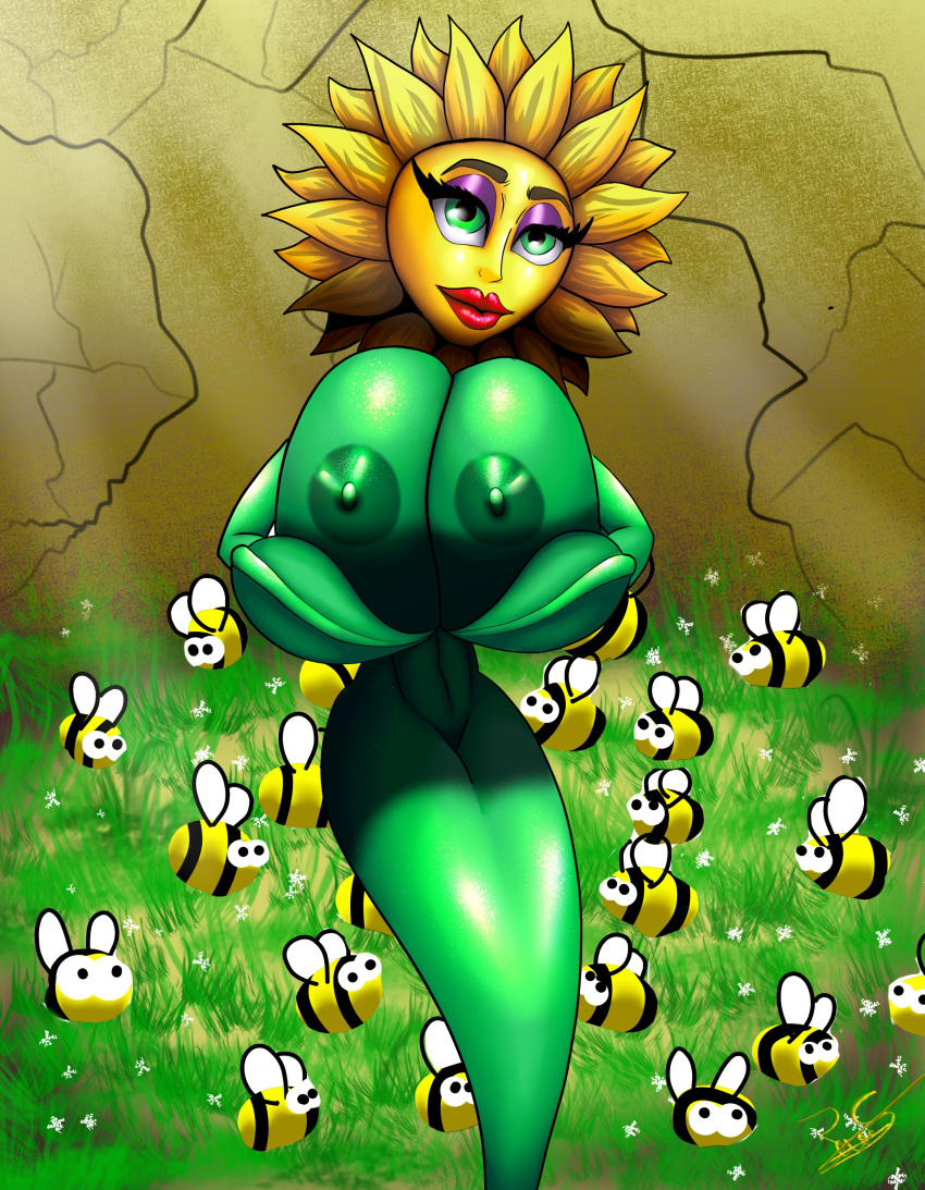 absurd_res anthro arthropod bee big_breasts breast_play breast_squish breasts conker's_bad_fur_day curvaceous curvy_figure elemental_creature female flora_fauna flower flower_creature green_eyes grey_body hi_res humanoid hymenopteran insects irc_(artist) lips lipstick makeup miss_sunflower nipples plant presenting rareware solo squish thick_thighs voluptuous