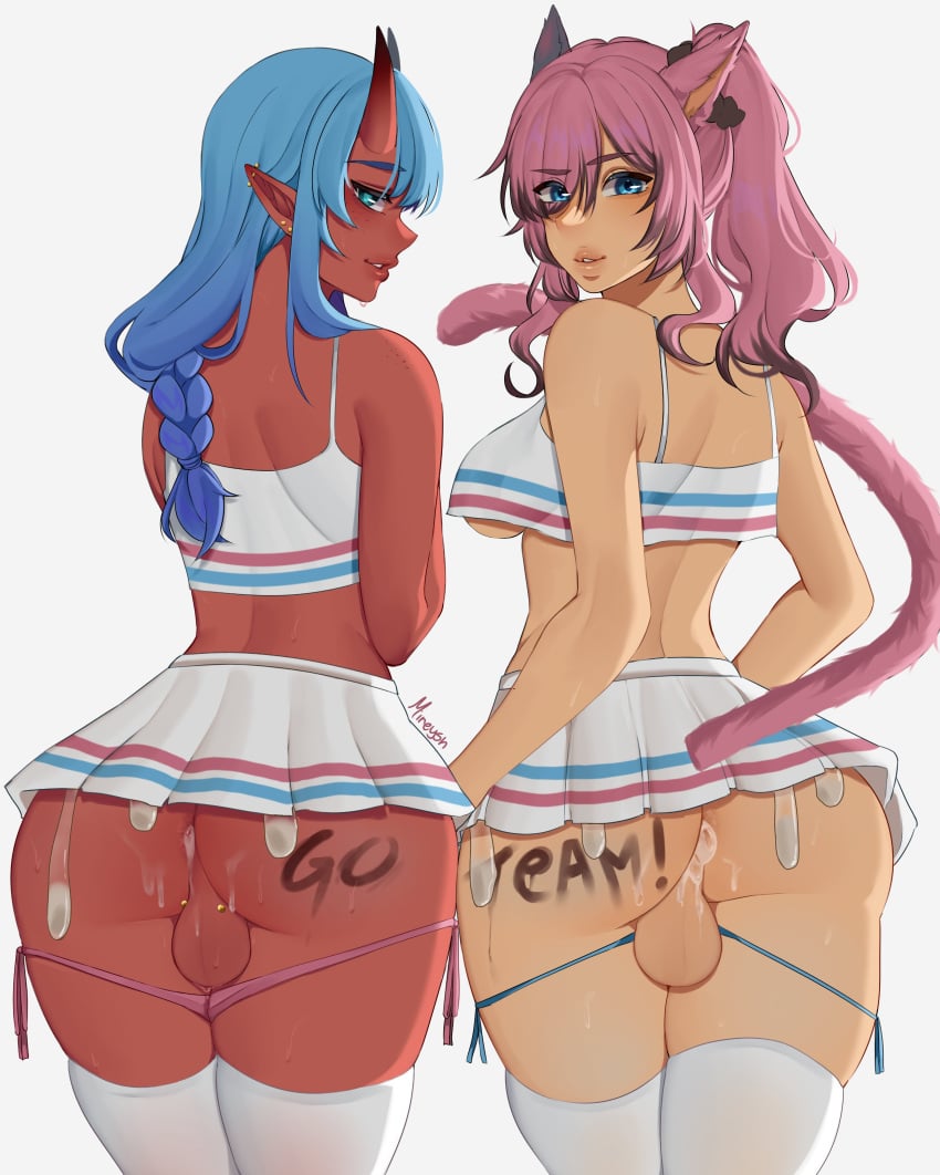 2futas absurd_res after_anal anus ass back back_view backsack balls big_ass blue_eyes blue_hair bottom_heavy bottomless bottomless_skirt braid cat_ears cat_tail catgirl cheerleader cheerleader_uniform clothed clothing condom condom_belt cum cum_drip cum_in_ass cum_inside dark-skinned_futanari dickgirl ear_piercing final_fantasy final_fantasy_xiv futa_only futa_sans_pussy futanari highlights_(coloring) horns humanoid intersex legs_together light-skinned_futanari light_skin long_hair looking_at_viewer looking_back looking_back_at_viewer miniskirt miqo'te mireysh mostly_clothed oni oni_horns panties_down perineum pierced_genitals piercing pink_hair pointy_ears ponytail rear_view red_skin skindentation skirt smiling smiling_at_viewer smooth_balls smooth_skin standing sui_(suikisses) tail thigh_squish thighhighs underboob used_condom white_background white_thighhighs writing_on_ass zephyr_winds