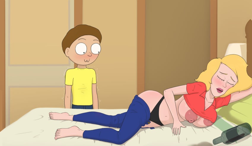 1boy 1girls 2d adult_swim areolae background bare_breasts barefoot bed beth_smith big_breasts blonde_hair blush clothing color commission diklonius drunk female hi_res huge_breasts imminent_sex jeans long_hair male milf morty_smith mother mother_and_son nipples older_woman_and_younger_boy rick_and_morty room sleeping son wine_bottle