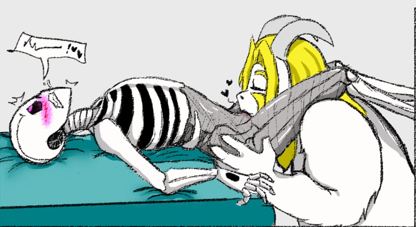 2d anthro arched_back artist_request asgore_dreemurr blowjob blush blushing color ectobody fellatio fellatio_from_anthro furry gaster gay male male/male male_only simple_background skeleton solid_color_background sucking_penis undertail undertale undertale_(series) yaoi