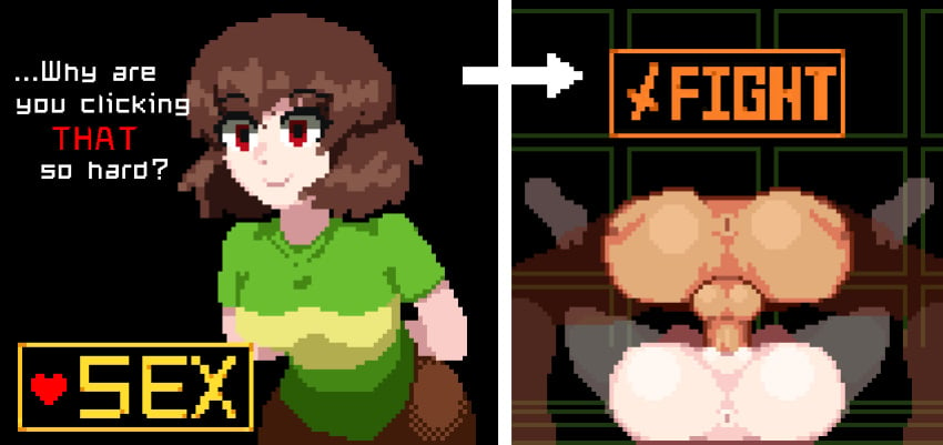 1boy 1girls animated brown_hair button chara female female_penetrated femsub gameplay_mechanics instant_loss_2koma light-skinned_female m.u.g.e.n male male/female maledom mating_press pixel_animation pixel_art ranbow rape red_eyes undertale undertale_(series)