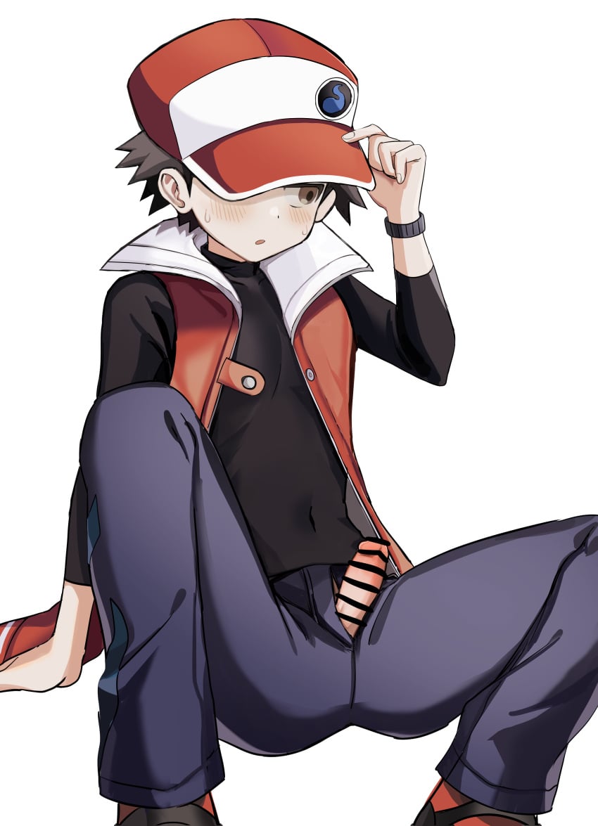 1boy absurdres bar_censor baseball_cap black_hair black_shirt blue_pants blush brown_eyes censored coat erection hand_on_headwear hat highres kayupon looking_to_the_side male_focus male_only open_clothes open_coat pants parted_lips penis penis_out pokemon red_(pokemon) shirt shoes simple_background sleeveless_coat solo solo_male spread_legs sweat white_background