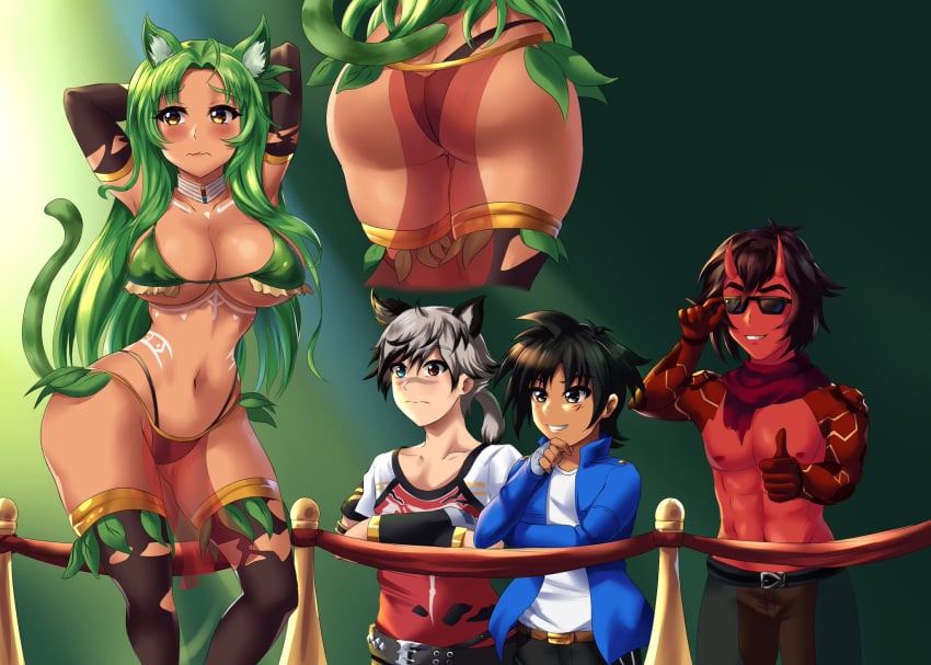 1girls 3boys adam_merdox_(draco_gatom) bashful black_hair blush body_markings brown_eyes cat_ears cat_tail catboy catgirl demon demon_boy demon_horns ethy_emile(lolicaptain69) exotic_dancer green_hair heterochromia leonart partially_clothed red_skin stripper sunglasses thumbs_up voluptuous white_hair yellow_eyes