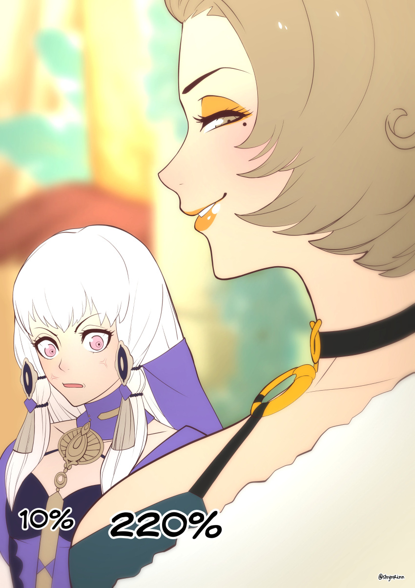 2girls alternate_version_available breast_awe cleavage eyeshadow female female_only fire_emblem fire_emblem:_three_houses girl_staring_at_guy's_chest huge_breasts light-skinned_female lipstick lysithea_von_ordelia manuela_casagranda meme nintendo orange_eyeshadow orange_lips orange_lipstick shynrinn side_eye smile yuri