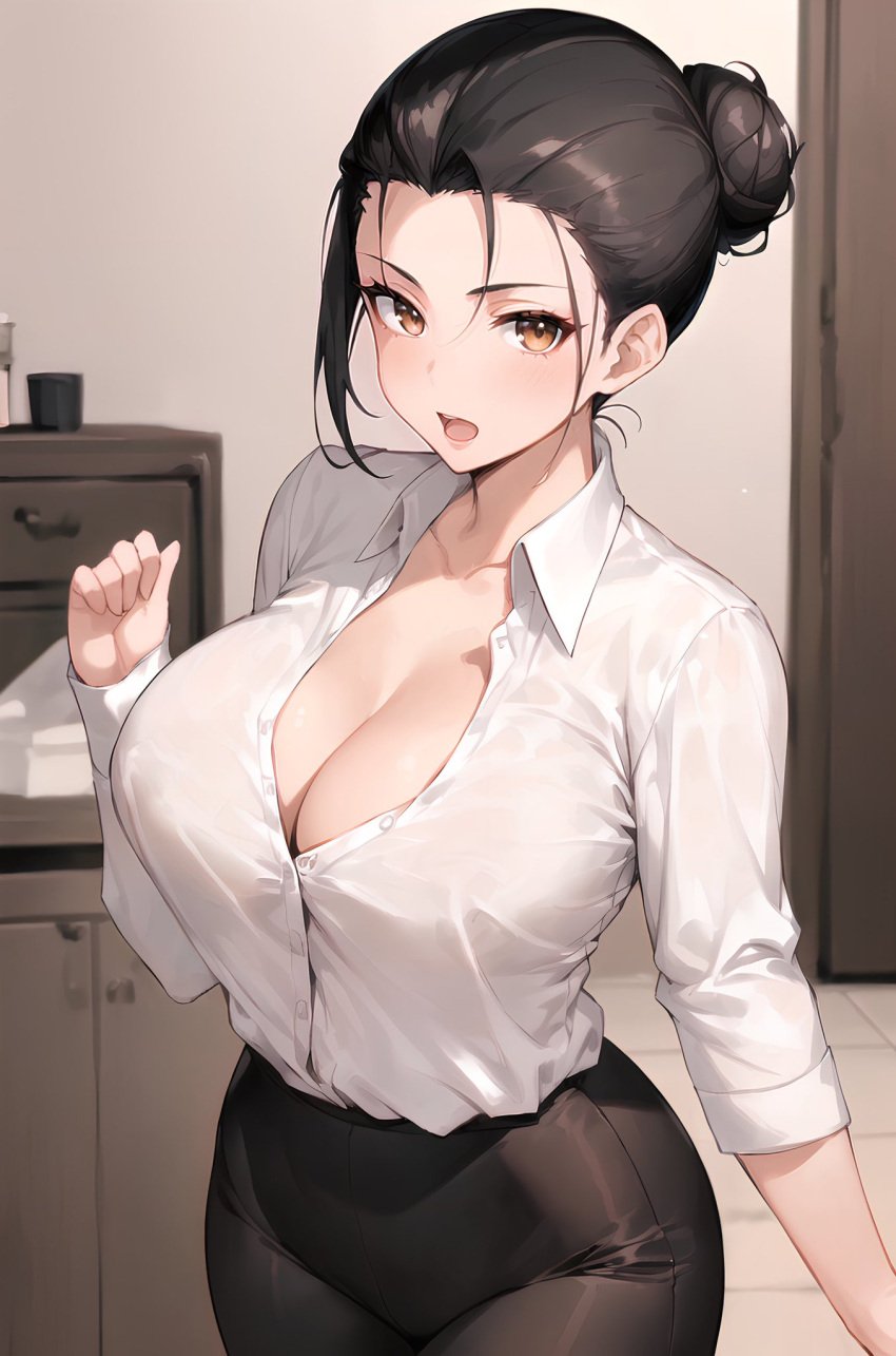 1girls ai_generated black_hair button_down_shirt buttoned_shirt female_focus female_only hair_bun hi_res huge_breasts looking_at_viewer office office_lady original original_character solo_female solo_focus stable_diffusion stuffyai tight_pants voluptuous voluptuous_female