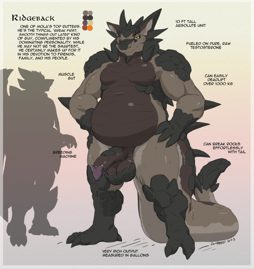 2023 anthro balls biped black_text brown_body color_swatch colored dragon english_text erection fingers genitals glans hand_on_hip hi_res horn looking_at_viewer male male_only musclegut muscular muscular_anthro muscular_male nude overweight overweight_anthro overweight_male penis purple_glans ridgeback_(zerofox) scalie signature silhouette smile solo standing tail text western_dragon zerofox1000