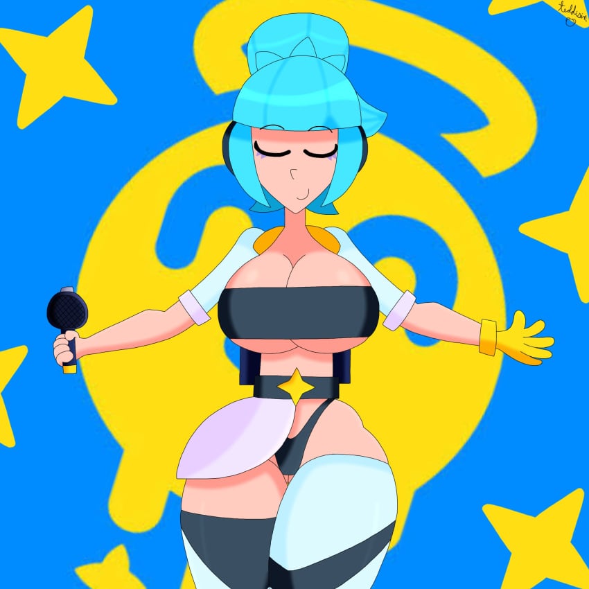 1girls ass_visible_through_thighs big_breasts blue_hair brawl_stars closed_eyes female huge_breasts janet_(brawl_stars) medium_hair panties popstar_janet supercell teddisin