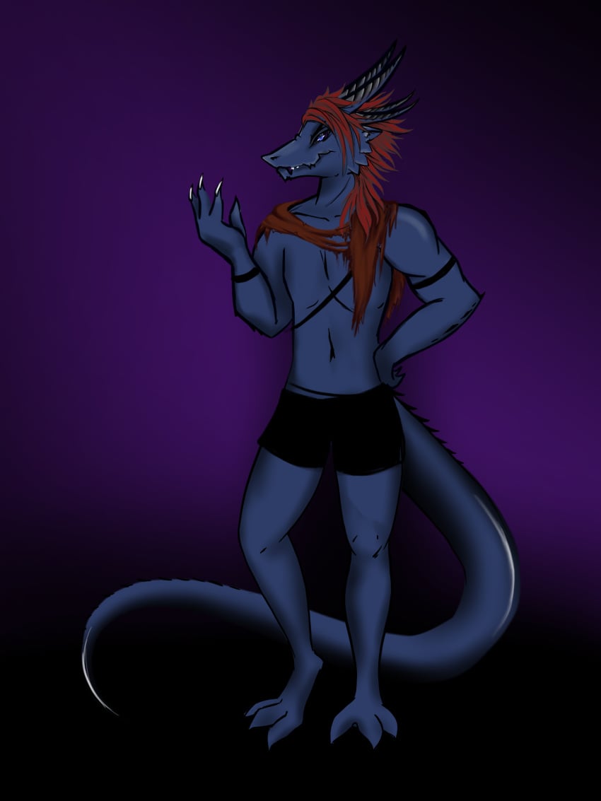 anthro artist_request blue_eyes blue_skin boxers clawed_feet clawed_fingers claws claws_out commission commission_art commissions_open dragon dragon_tail full_body horns horny_male oc red_hair scaly