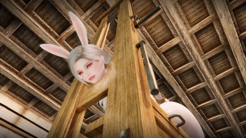 bunny_ears execution guillotine imminent_death impending_death red_eyes silver_hair skyrim snuff the_elder_scrolls tied_up