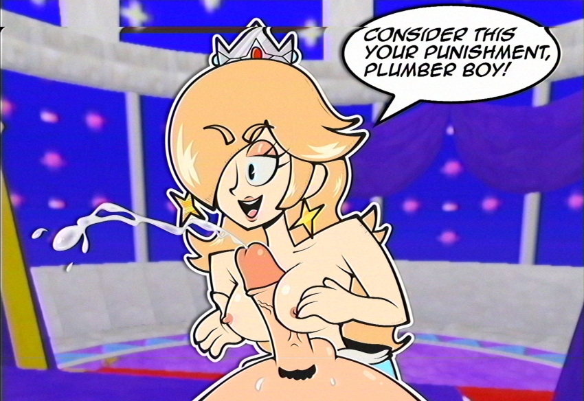 1boy1girl bedroom blonde_hair boobjob breasts cum cumshot dialogue earrings english_text female_focus hair_over_one_eye hands_on_breasts indoors male/female male_pov mario mario_(series) pac-man_eyes paizuri penis penis_between_breasts princess_rosalina star_earrings super_mario_galaxy text themrmoreira titfuck titjob tits unseen_male_face