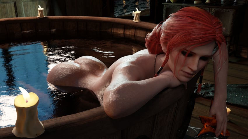 1girls 3d ass ass_focus bath bathing bathroom candle closed_eyes dat_ass female female_only highres nude red_hair relaxing solo the_witcher_(series) the_witcher_3:_wild_hunt triss_merigold wet_skin wishmaster