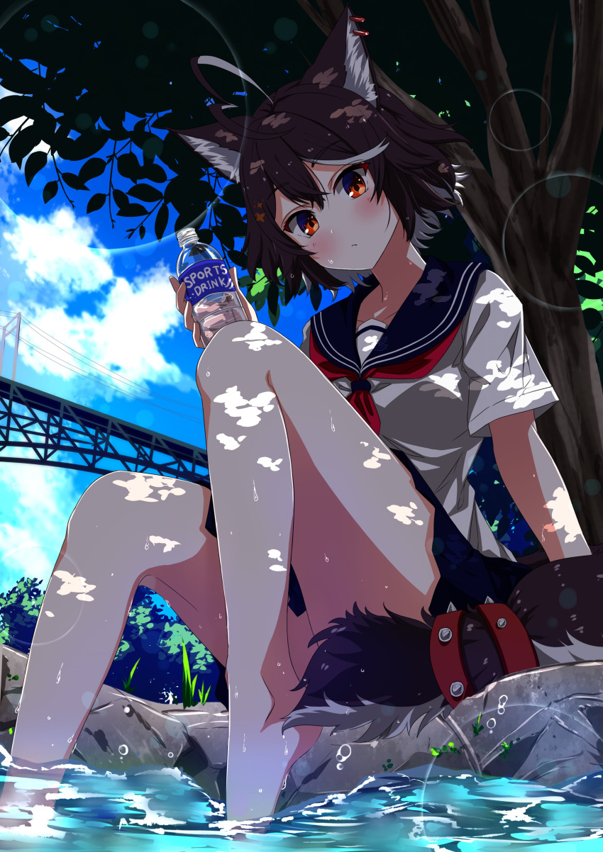 1girl absurd_res ahoge animal_ear_fluff animal_ears bangs bare_legs barefoot black_hair black_skirt blue_sky blush bottle brown_hair cat_ears cat_tail cloud collarbone dappled_sunlight day eyebrows_visible_through_hair female food fox_ears fox_tail highres holding jewelry light_rays looking_at_viewer momotexx_(vtuber) nature neckerchief outdoors outside partially_submerged pleated_skirt red_eyes sailor_collar school_uniform serafuku shimotsuki_aoi shirt short_hair short_sleeves sitting skirt sky soaking_feet solo summer sunbeam sunlight tail tree virtual_youtuber vyugen water wet wolf_ears wolf_girl wolf_tail