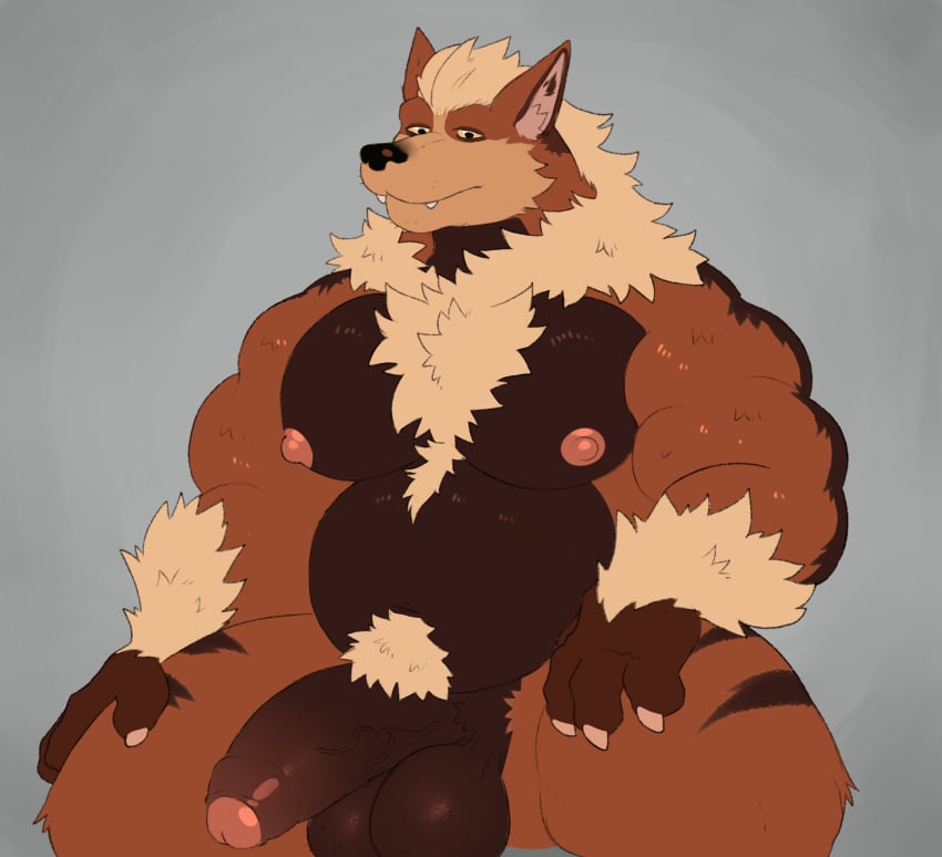 2023 anthro anthrofied arcanine balls barazoku belly biceps big_balls big_belly big_muscles big_pecs big_penis boner claws erection fleshformomo foreskin fur generation_1_pokemon genitals grey_background hi_res humanoid_genitalia humanoid_penis looking_at_viewer male male_only mane musclegut muscular muscular_anthro muscular_male narrowed_eyes nintendo nipples nude pecs penis pokemon pokemon_(species) pubes simple_background sitting solo solo_male teeth thick_thighs tuft vein