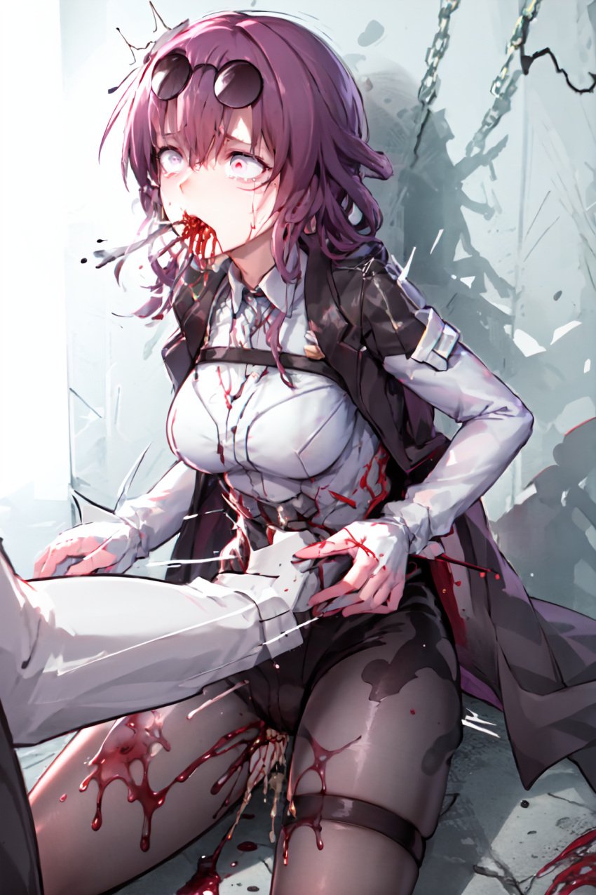 ai_generated blood glasses gore gut_punch honkai:_star_rail honkai_(series) kafka_(honkai:_star_rail) large_breasts mature_female red_eyes red_hair