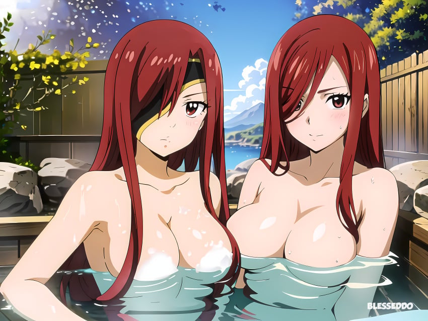 2girls ai_generated blesseddo crossover edens_zero elsie_crimson erza_scarlet fairy_tail long_hair looking_at_viewer nude red_hair water