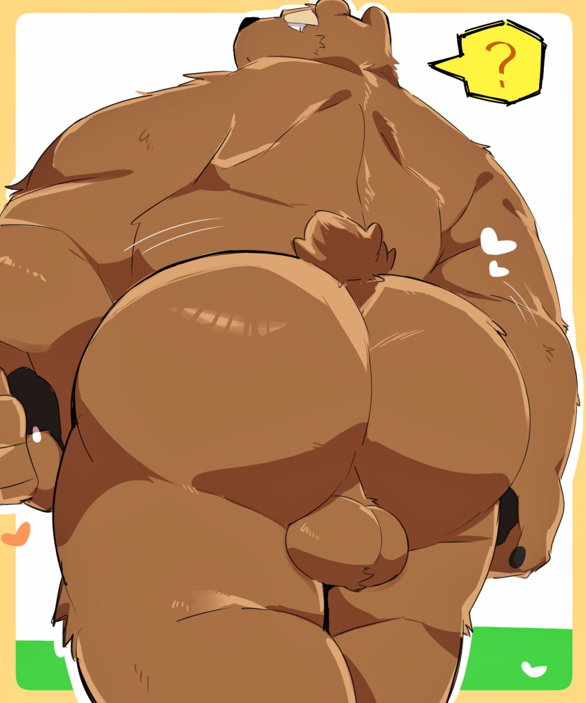 0119_muu 2023 anthro ass backsack balls bear big_butt black_nose brown_body genitals hi_res humanoid_hands kemono male male_only mammal overweight overweight_male question_mark solo