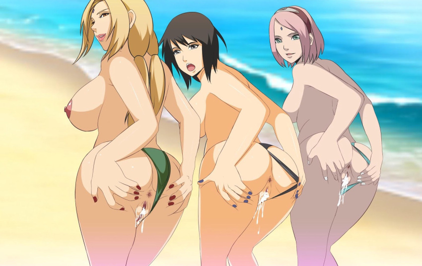 3girls after_sex ass beach bikini bikini_aside bikini_bottom bikini_bottom_aside black_eyes black_hair blonde_hair boruto:_naruto_next_generations breasts brown_eyes cum cum_in_ass cum_inside female female_only from_behind green_eyes koala_(artist) looking_at_viewer looking_back multiple_girls naruto naruto_(series) naruto_shippuden nipples outdoors pink_hair presenting presenting_ass pussy sakura_haruno seaside shizune teacher_and_student topless tsunade voluptuous