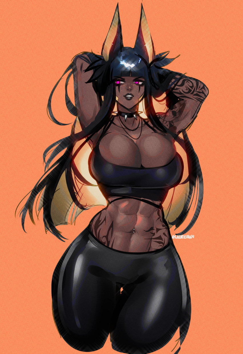 1girls 2023 2d 2d_(artwork) abs animal_ears anput_(bladechan28) athletic athletic_female big_breasts big_thighs black_clothing black_hair black_lipstick bladechan28 blunt_bangs breasts choker cleavage crop_top dark-skinned_female dark_skin ear egyptian female female_focus female_only fit_female gold_hair goth goth_girl hands_behind_head hi_res highres hips large_breasts large_thighs latex_crop_top latex_legwear long_ears makeup navel_piercing original original_character pink_eyes solo solo_female solo_focus spiked_choker spiked_collar tattoo tattoo_on_hips tattooed_arm tattoos thick_thighs thigh_gap thighs toned toned_female toned_stomach wide_hips