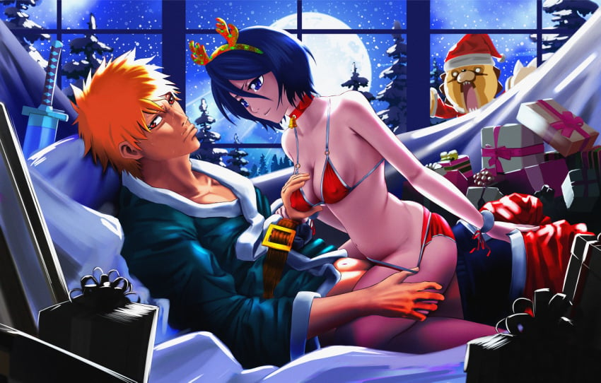 1girls big_breasts bleach christmas christmas_outfit christmas_tree female ichigo_kurosaki kon kuchiki_rukia laputah male moonlight sex underwear