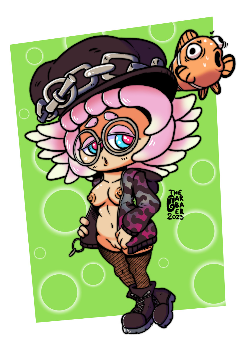 anemone annie_(splatoon) fishnets glasses jacket nintendo partially_clothed pink_hair shortstack splatoon splatoon_3 the_garbager619