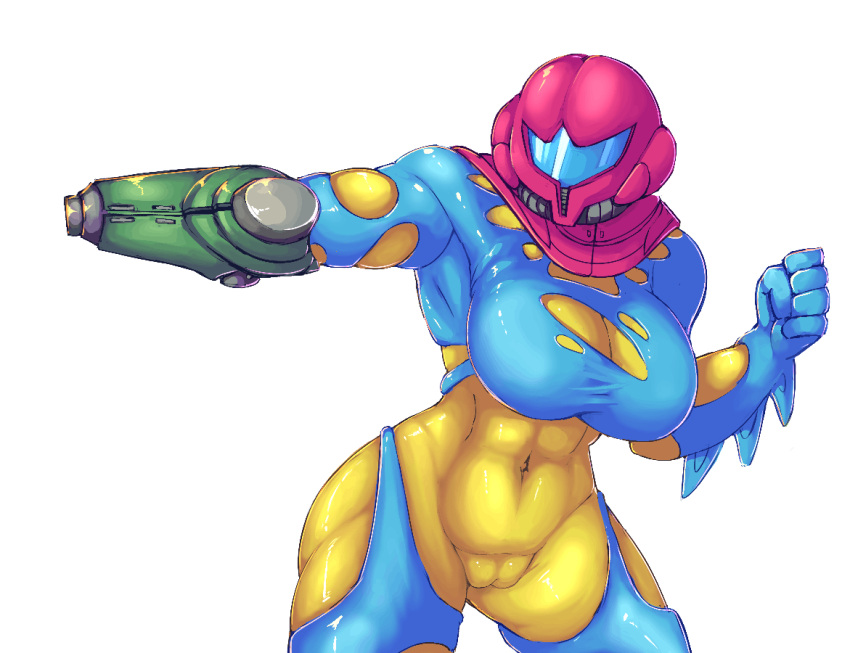 1girls 2d aiming_weapon animated animated_gif arm_cannon big_breasts breast_expansion breasts_bigger_than_head bursting_breasts cameltoe fusion_suit gif growth helmet huge_breasts hyper hyper_breasts kittenboogers loop metroid metroid_fusion nintendo samus_aran short_playtime skin_tight thick_thighs white_background